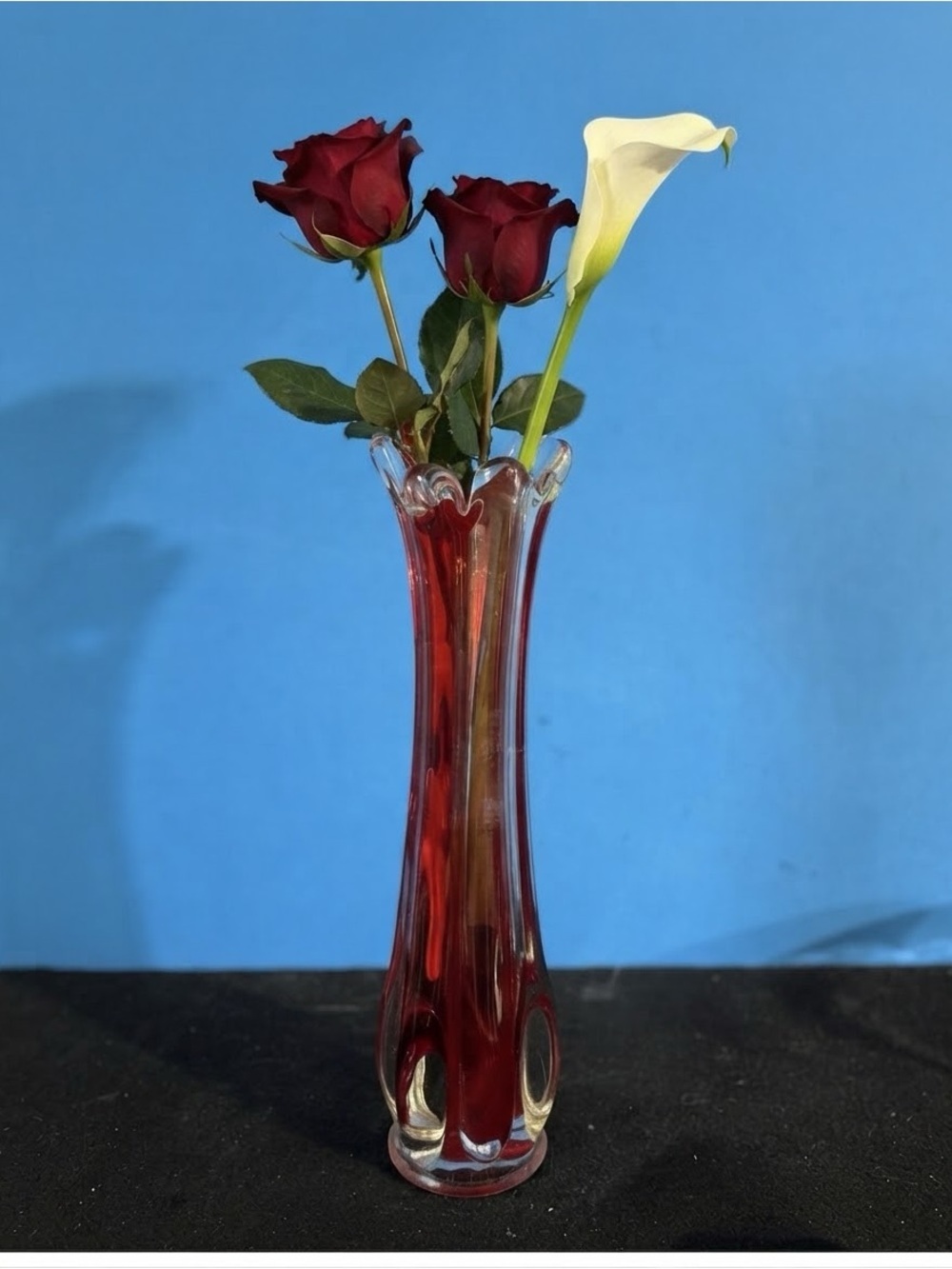 9 1/2" Red  and clear glass Vase Art Glass Stretched Twisted Swung, Vintage